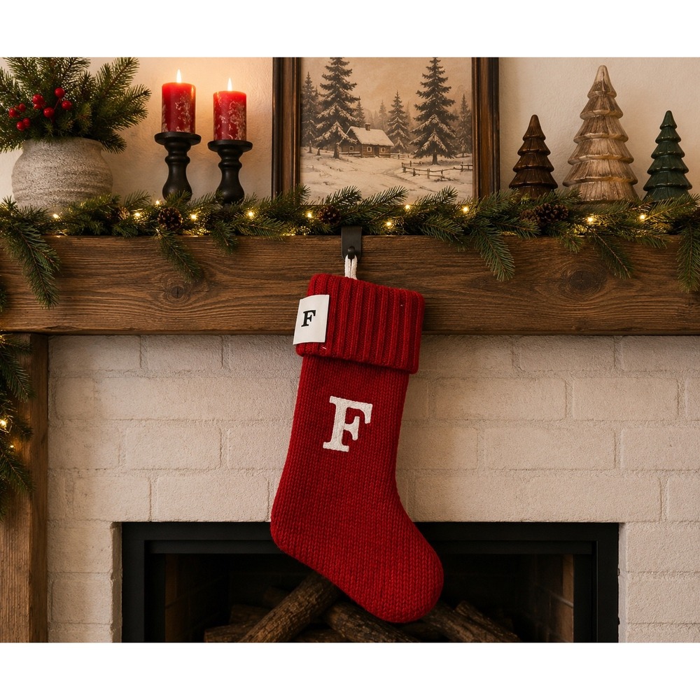 Red Knit Christmas Stocking Monogram Letter F White Initial Holiday Decor
